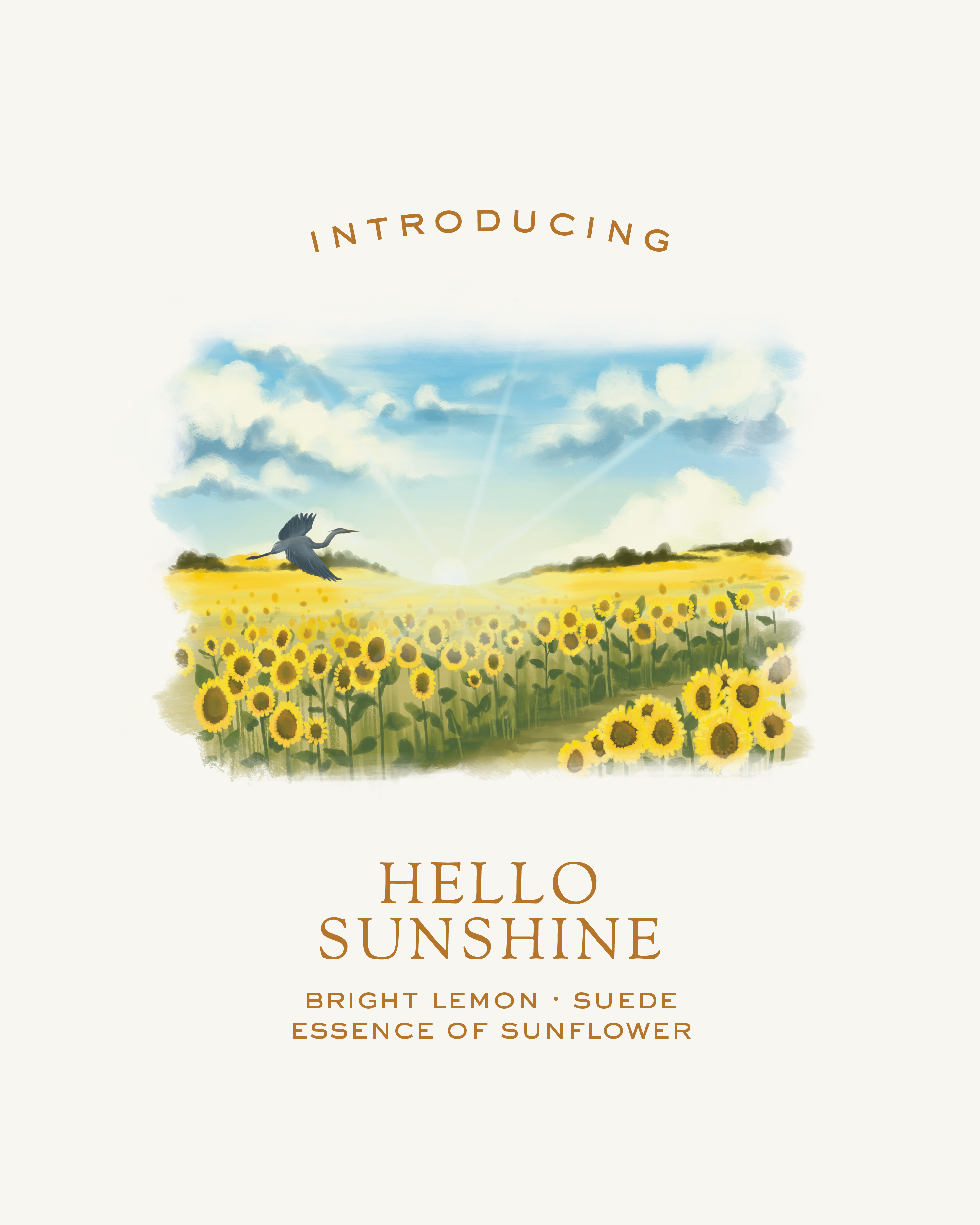 Illustration of a heron flying over a sunflower field with &