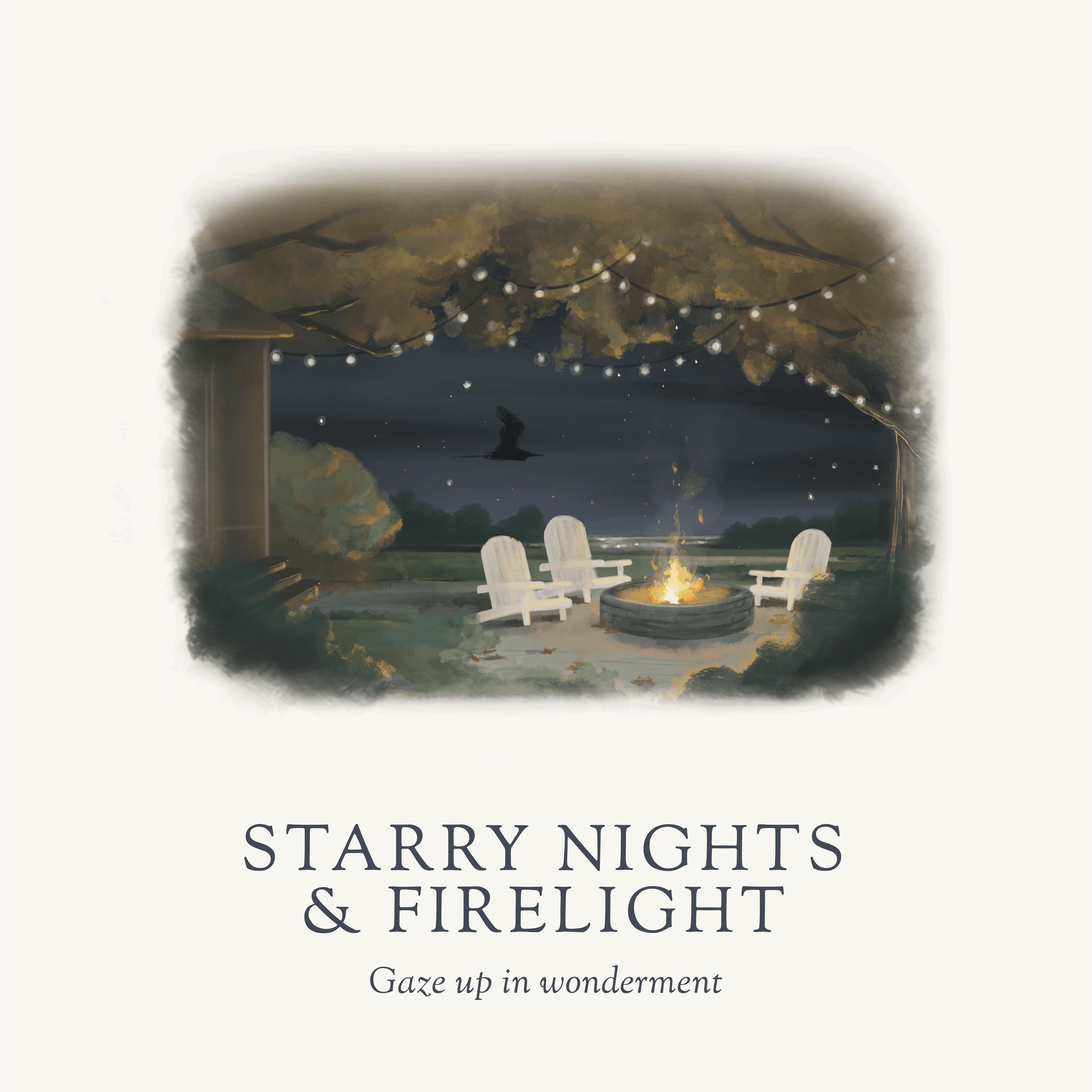 Starry Nights & Firelight candle illustration, scented candles from the eastern shore, fireside scent, cedar, fallen leafs, smoky wood, autumn scents, luxury candle
