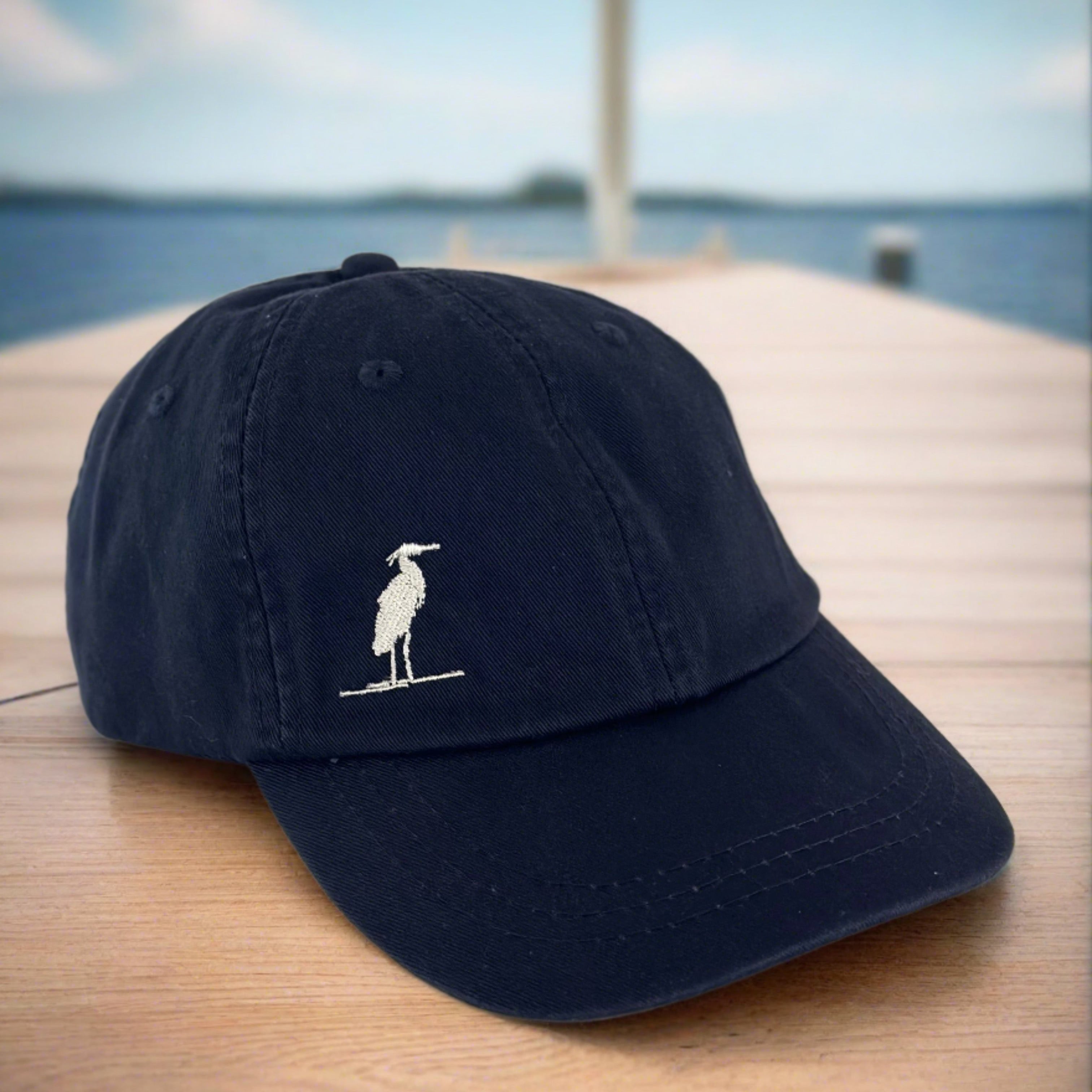 eastern shore brand, eastern shore hat, baseball cap, dad hat, navy blue hat, white hat, blue hat, embroidered hat, embroidered heron, heron hat