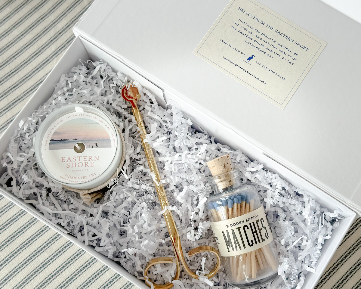 mothers day gift set, mothers day candle gift set, eastern shore gift set, eastern shore candle, eastern shore candle gift set, gift set with trimmer, wooden matches