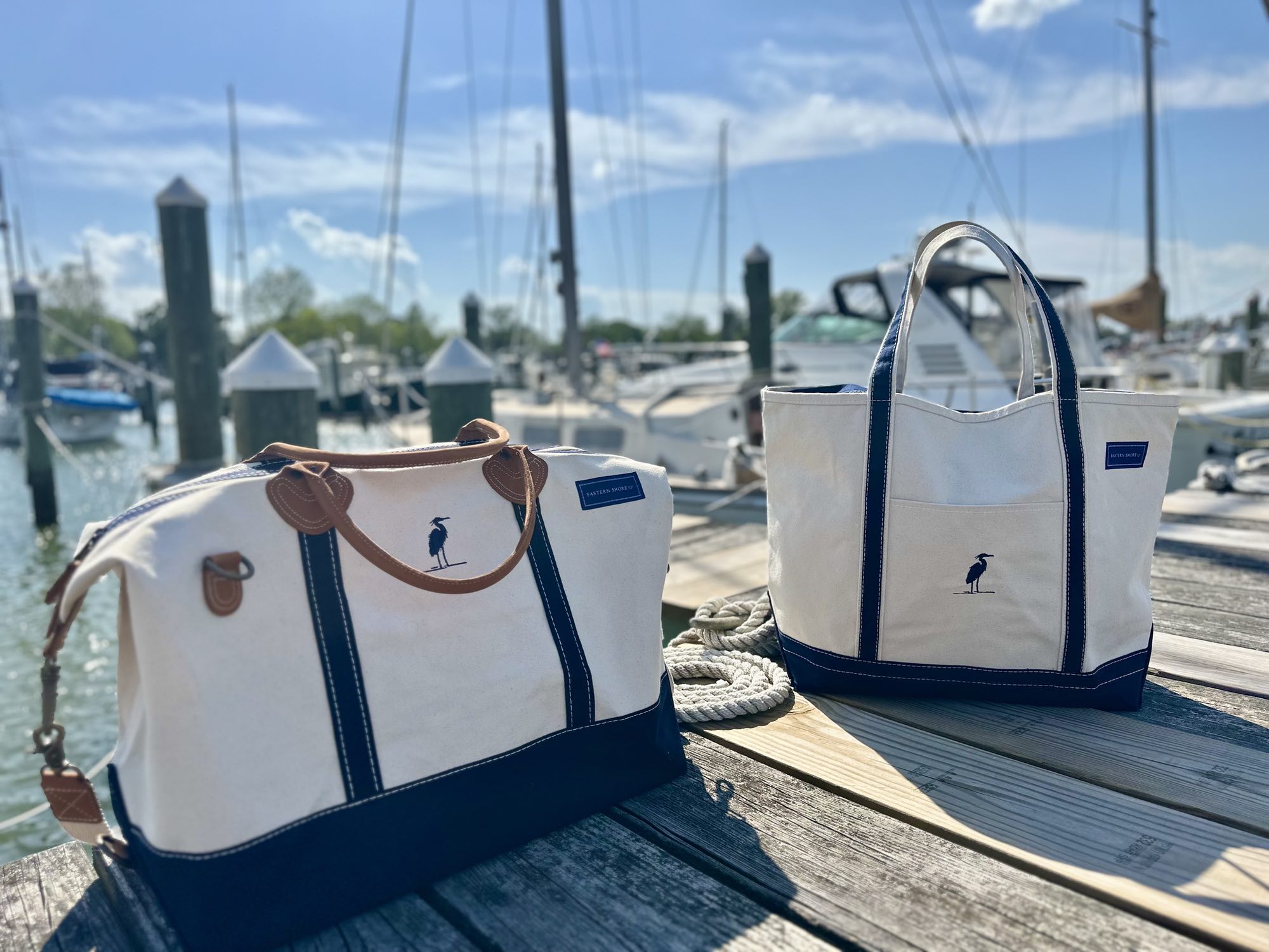 The Heron Collection - Weekender and Tote bags. White with blue accents, quality canvas that is sturdy.