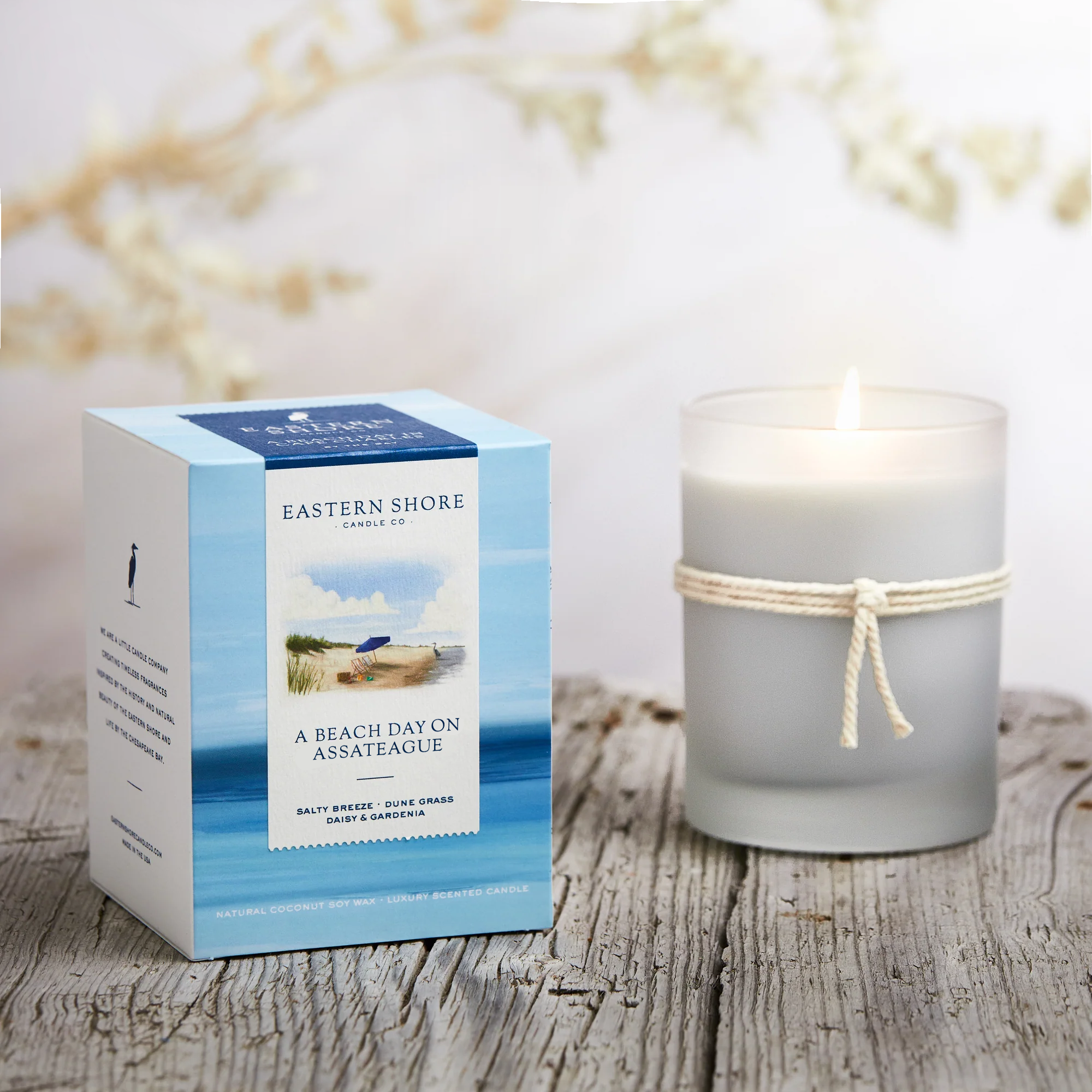 Beach Day on Assateague Island, gardenia, dune grass, sea breeze, salty air, Scented candle, coconut soy wax, coastal candle, candle gift, coastal gift, eastern shore, Chesapeake Bay, luxury candle, hand-poured, Maryland, Virginia, Beach day, beach candle, coastal candle, Assateague Island, Chincoteague Island, Barrier Islands