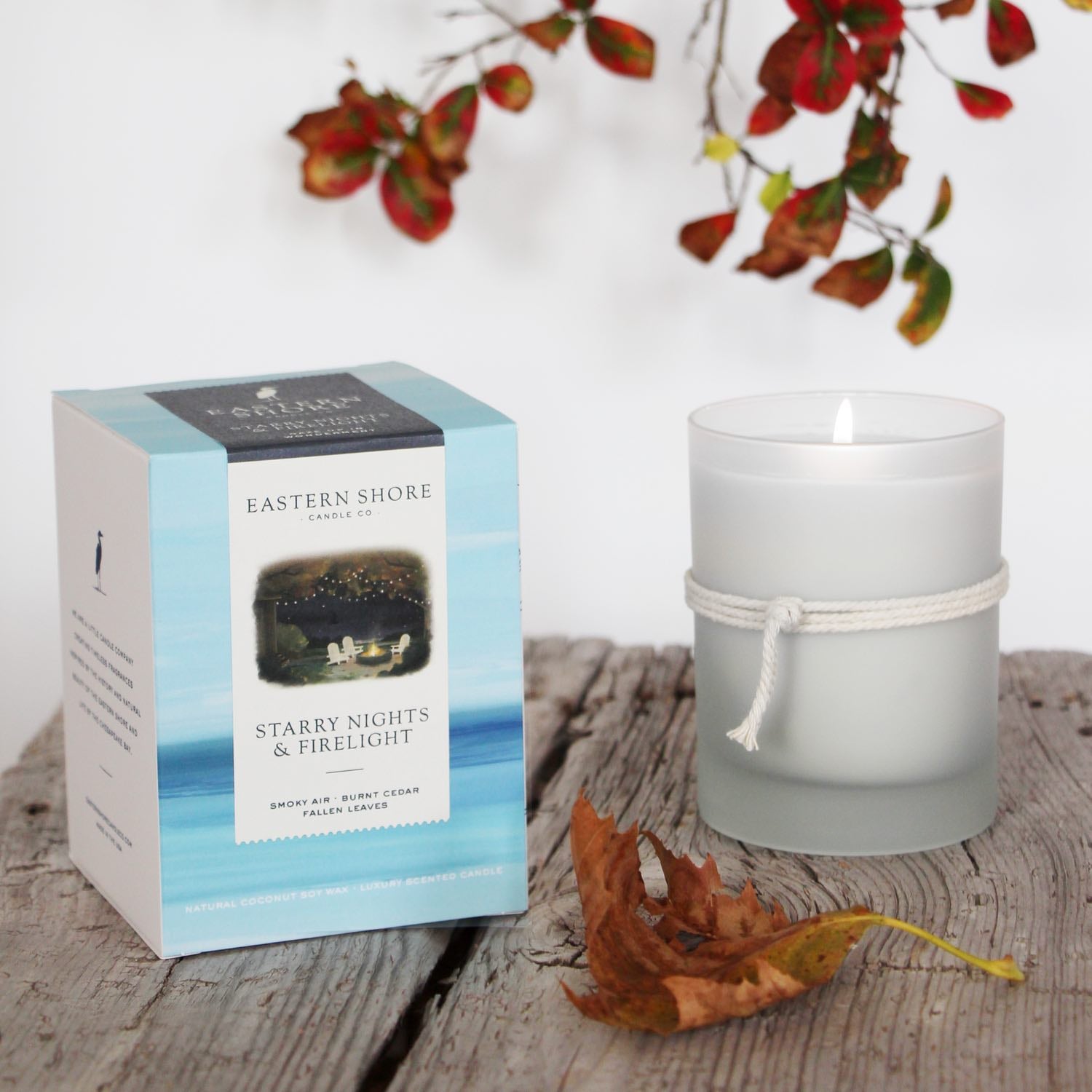 Starry nights & firelight candle, easter shore candles, smoky air scent, burnt cedar scent, fallen leaf scent, handmade candles, hand poured candles, luxury candles, frosted glass, 10oz size, fall scent, autumn scent, eastern shore, chesapeake bay, maryland made, cambridge md, easton md, saint michaels