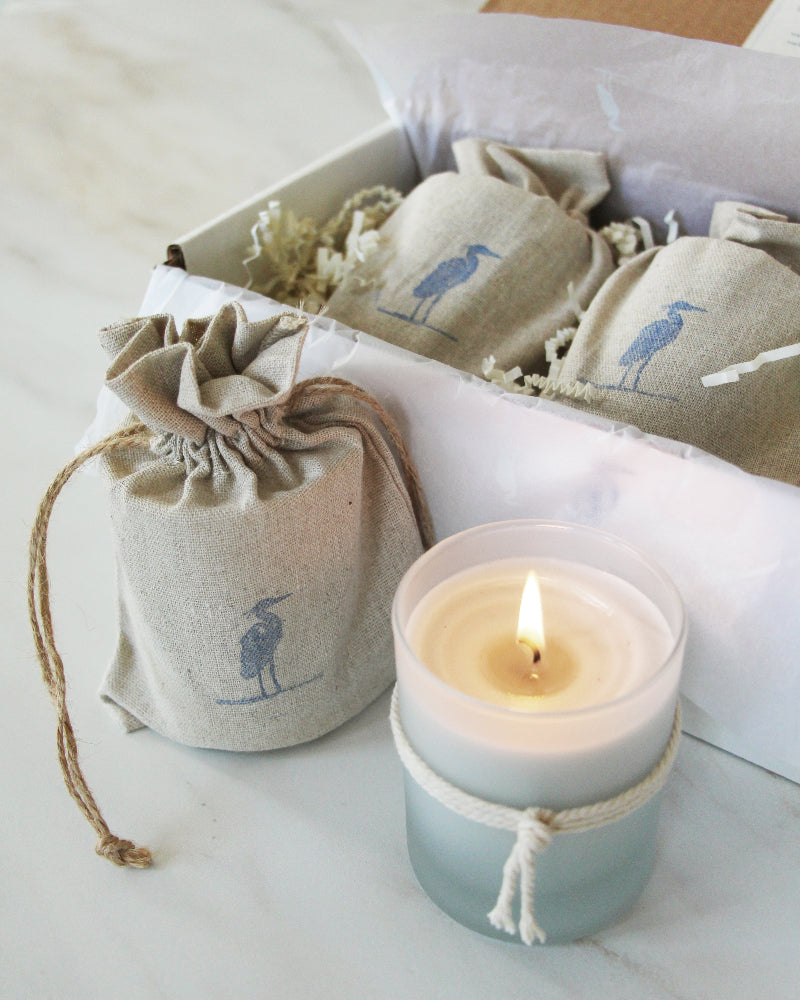 candles in linen bag, heron candle, trio gift set, winter candle, summer candle, spring candle, nautical candle