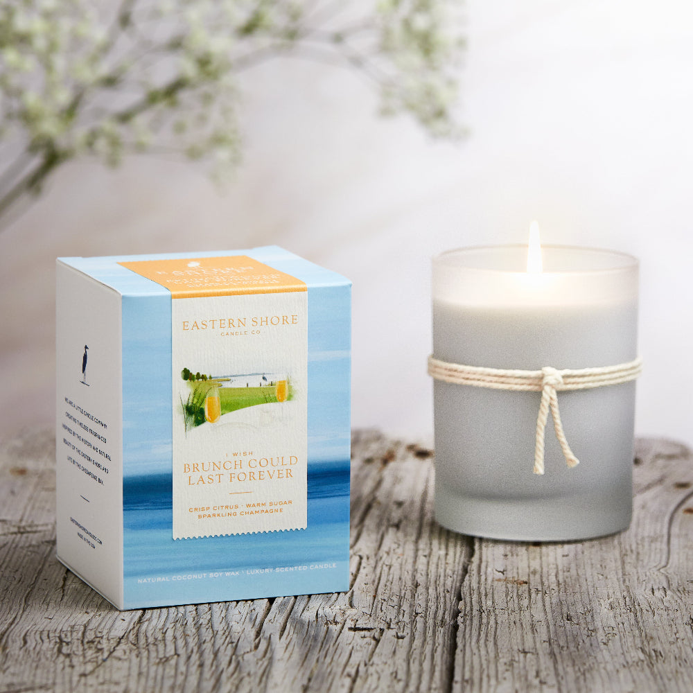I Wish Brunch Could Last Forever, Brunch, champagne, citrus, orange, cheers, bridesmaid, wedding gift, bridesmaid gift, crisp citrus, sparkling champagne, brunch candle, Scented candle, coconut soy wax, coastal candle, eastern shore, Chesapeake Bay, luxury candle, hand-poured, Maryland, Virginia