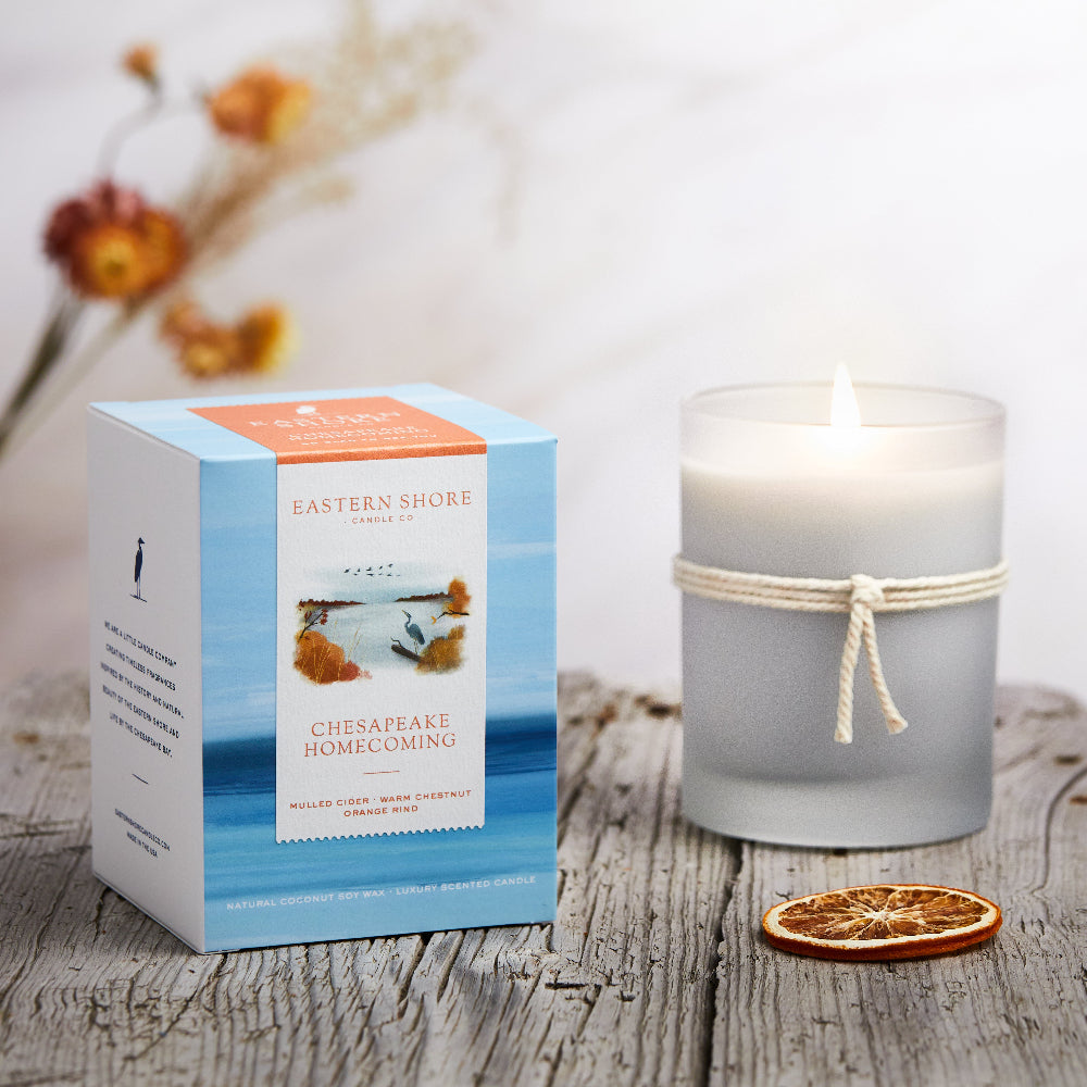 Chesapeake Homecoming, mulled cider, warm chestnuts, sweet orange, clove scent, fall candle, fall candle scent, mulled spices, autumn candle, Scented candle, coconut soy wax, coastal candle, eastern shore, Chesapeake Bay, luxury candle, hand-poured, Maryland, Virginia