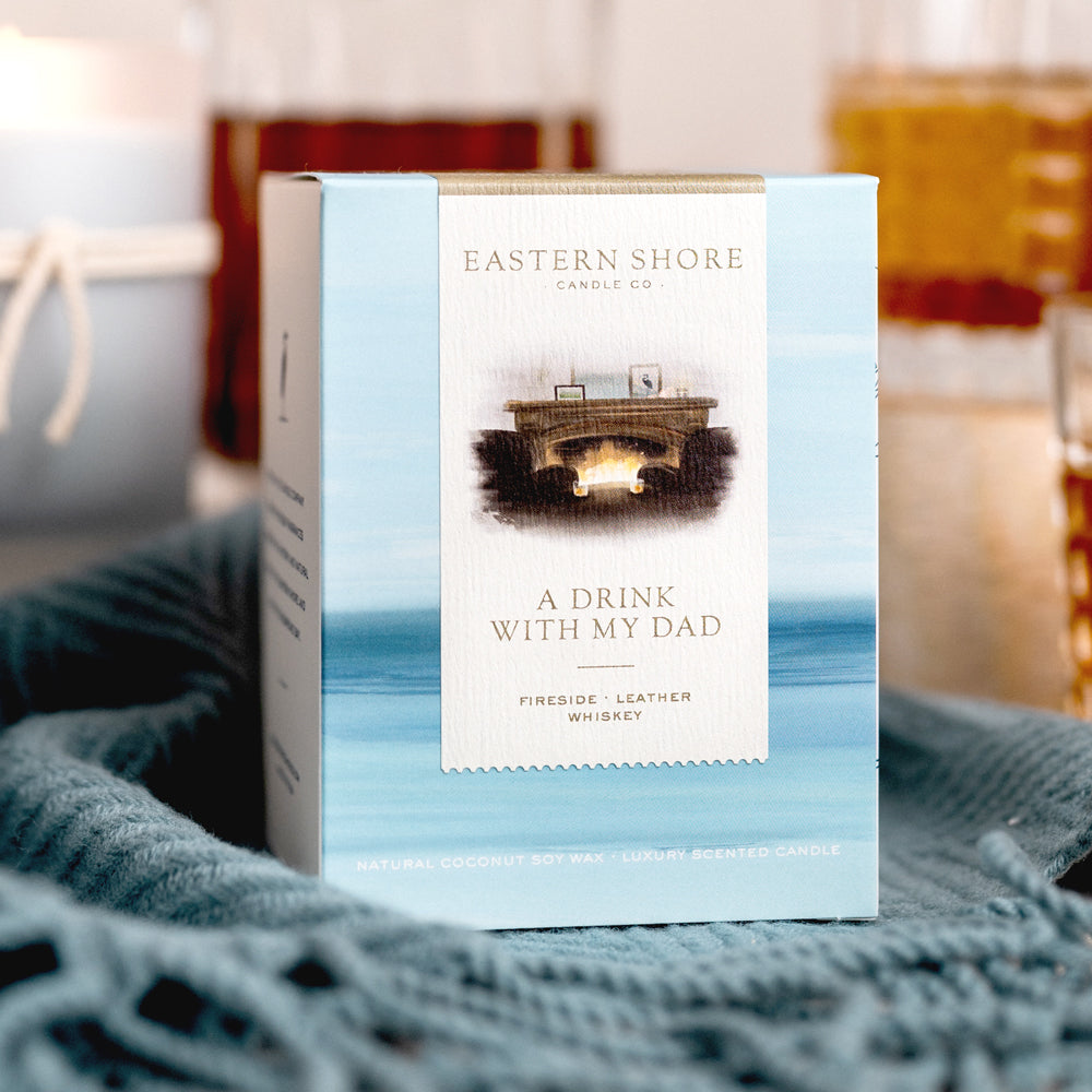 A Drink with My Dad, Whiskey, fireside, leather, fire smoke scent, fireplace scent, fireplace, fireplace candle, fire smoke candle, whiskey candle, bourbon candle, fall scented candle, fall scents, winter scenes, Scented candle, coconut soy wax, coastal candle, candle gift, coastal gift, eastern shore, Chesapeake Bay, luxury candle, hand-poured, Maryland, Virginia, Cape Charles Virginia, Beach day, beach candle, coastal candle, scented candle, eastern shore, Chesapeake Bay