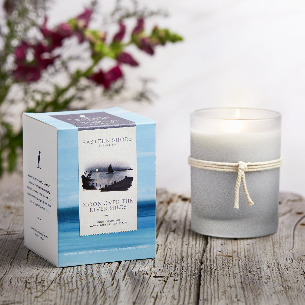 Moon over the River Miles, saint michaels, st. michaels, moon, moonlight, moonlit, amber scent, jasmine scent, night blooms scent, summer candle, sultry candle, Scented candle, coconut soy wax, coastal candle, eastern shore, Chesapeake Bay, luxury candle, hand-poured, Maryland, Virginia