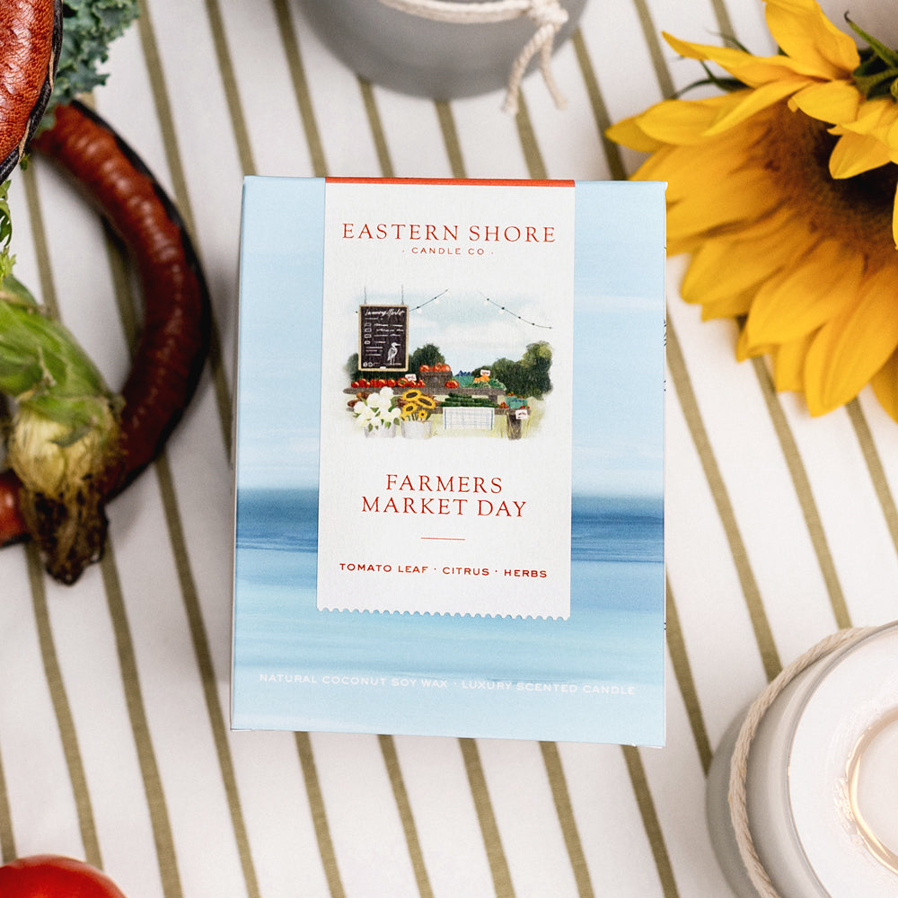 Scented candle, coconut soy wax, coastal candle, eastern shore, Chesapeake Bay, luxury candle, hand-poured, Maryland, Virginia, candle gift, coastal gift, Farmers Market Day, Farmer’s Market, Farmers Market, Farm, Tomato scent, Tomato leaf, tomato leaf scent, herbal candle, eastern shore farm, fresh herbs