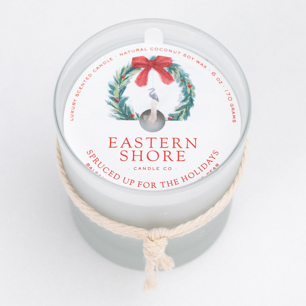 Spruced up for the holidays, holiday scented candle, holiday candle, Christmas candle, Christmas scent, balsam fir, botanical gin, spiced pear, blue spruce scent, Fraser fir scent, Scented candle, coconut soy wax, coastal candle, eastern shore, Chesapeake Bay, luxury candle, hand-poured, Maryland, Virginia