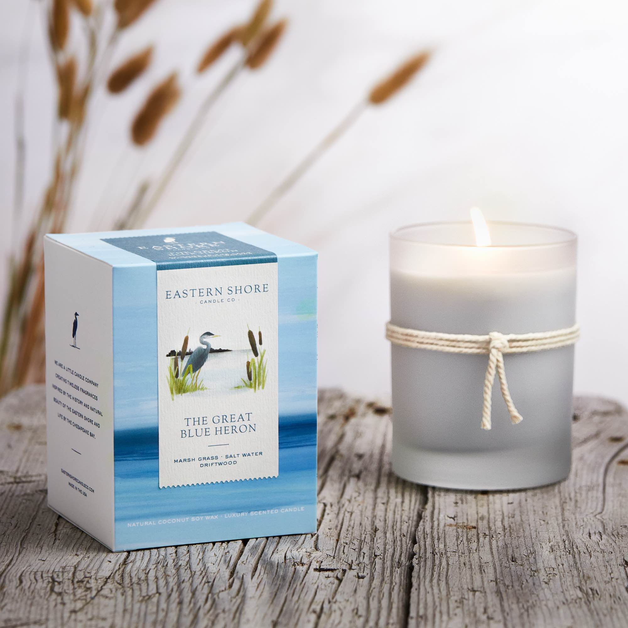 The Great Blue Heron, Marsh Grass, Salt Water, Driftwood, driftwood scent, salt air candle, blue heron, blue heron candle, Scented candle, coconut soy wax, coastal candle, eastern shore, Chesapeake Bay, luxury candle, hand-poured, Maryland, Virginia