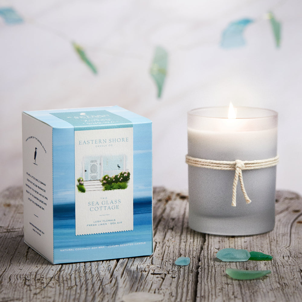 The Sea Glass Cottage, cottage garden scent, seaside garden, geranium, jasmine, gardenia, roses, lily, magnolia, peony, seaside air, sea breeze, Scented candle, coconut soy wax, coastal candle, eastern shore, Chesapeake Bay, luxury candle, hand-poured, Maryland, Virginia