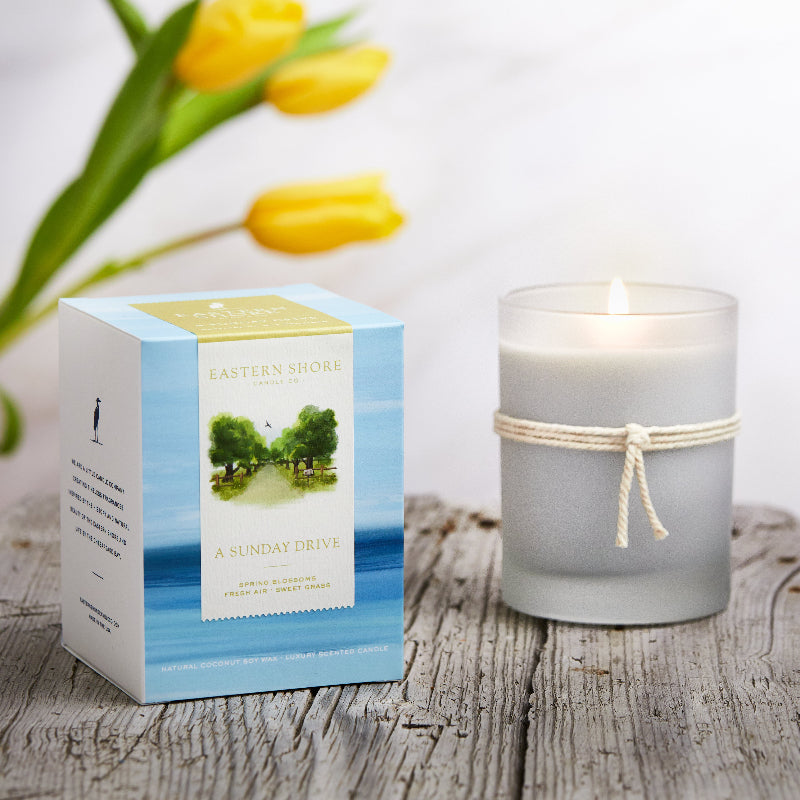 A Sunday Drive, Scented candle, coconut soy wax, coastal candle, eastern shore, Chesapeake Bay, luxury candle, hand-poured, Maryland, Virginia, candle gift, coastal gift, Spring candle scents, spring scents, floral candle, floral scents, Sunday Drive, spring blossoms, sweet grass, fresh air, spring air, honeysuckle scent