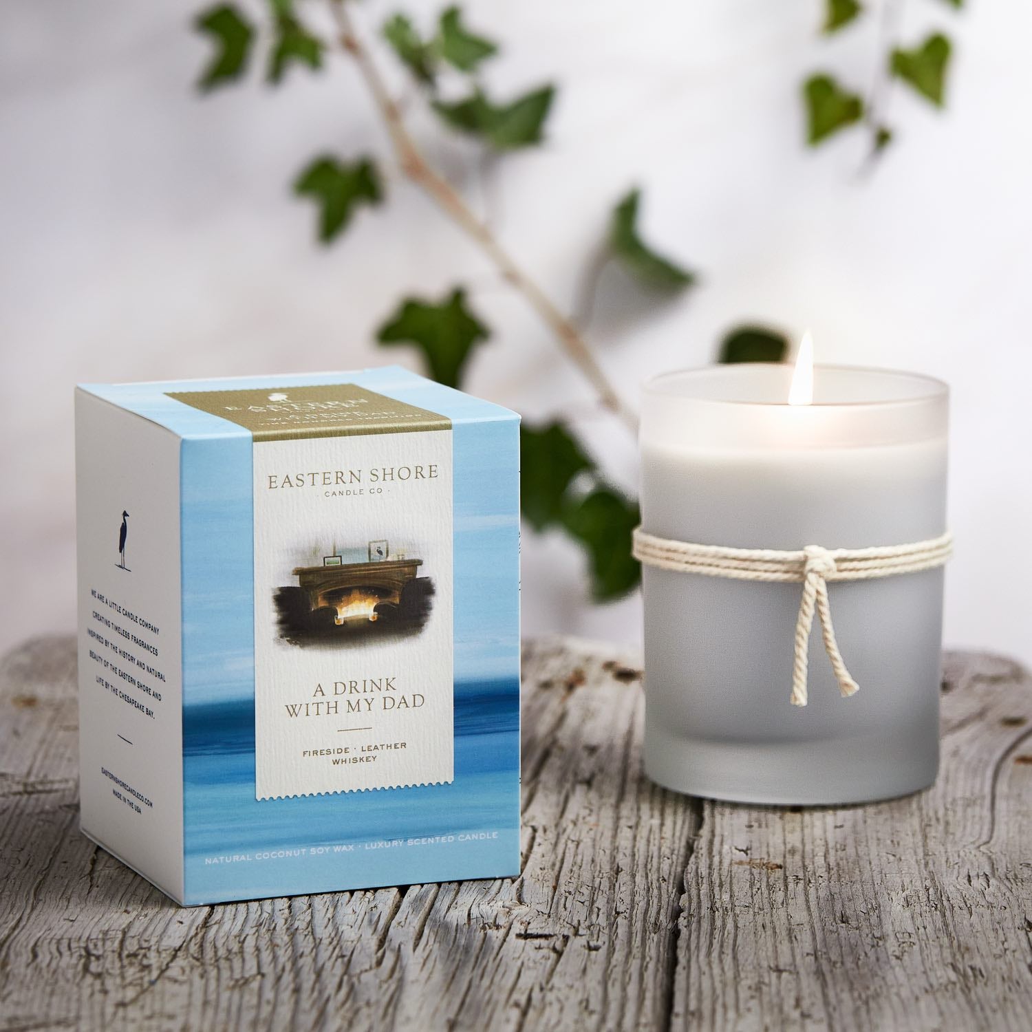 A Drink with My Dad, Whiskey, fireside, leather, fire smoke scent, fireplace scent, fireplace, fireplace candle, fire smoke candle, whiskey candle, bourbon candle, fall scented candle, fall scents, winter scenes, Scented candle, coconut soy wax, coastal candle, candle gift, coastal gift, eastern shore, Chesapeake Bay, luxury candle, hand-poured, Maryland, Virginia, Cape Charles Virginia, Beach day, beach candle, coastal candle, scented candle, eastern shore, Chesapeake Bay