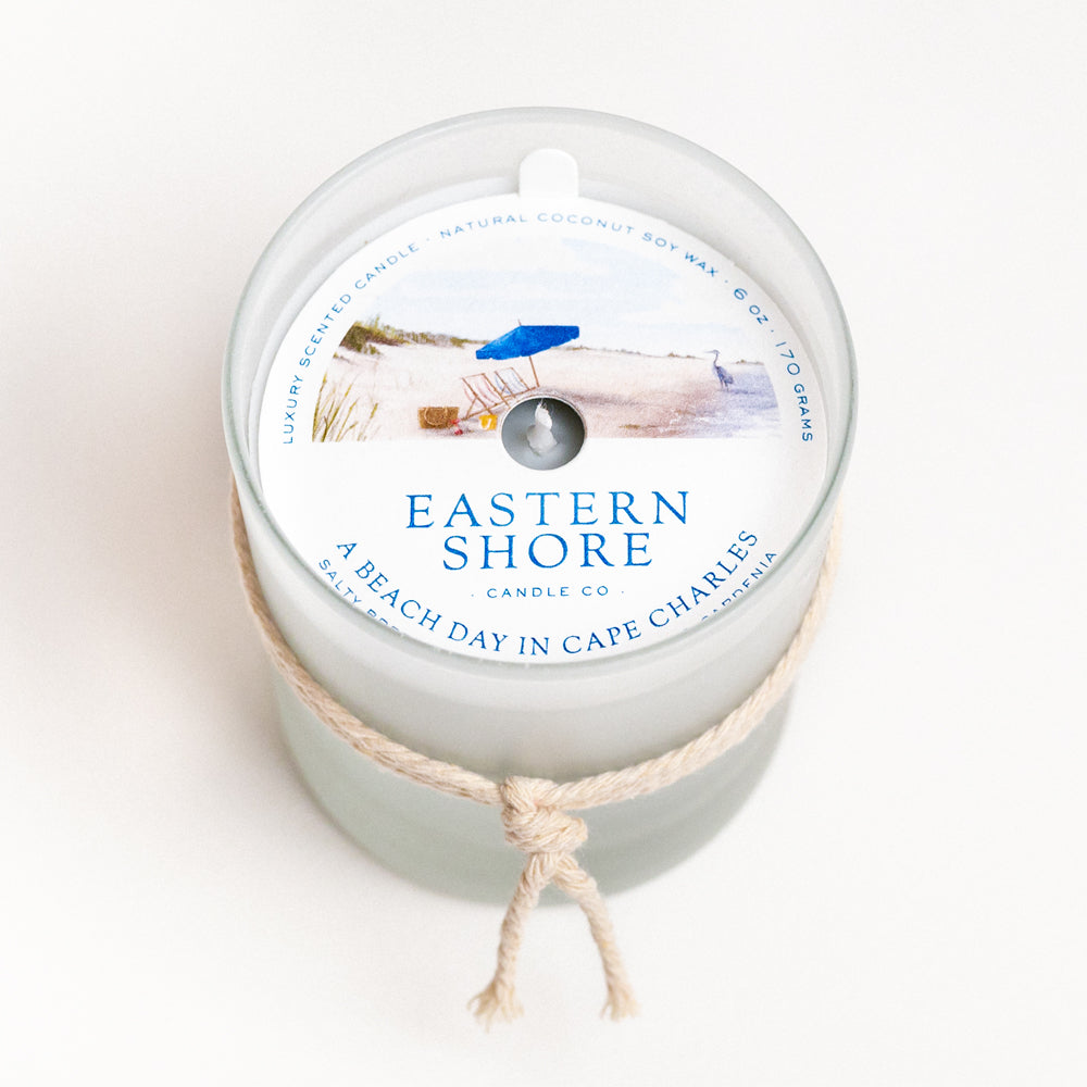 Beach Day in Cape Charles, gardenia, dune grass, sea breeze, Scented candle, coconut soy wax, coastal candle, candle gift, coastal gift, eastern shore, Chesapeake Bay, luxury candle, hand-poured, Maryland, Virginia, Cape Charles Virginia, Beach day, beach candle, coastal candle, scented candle, eastern shore, Chesapeake Bay, Virginia