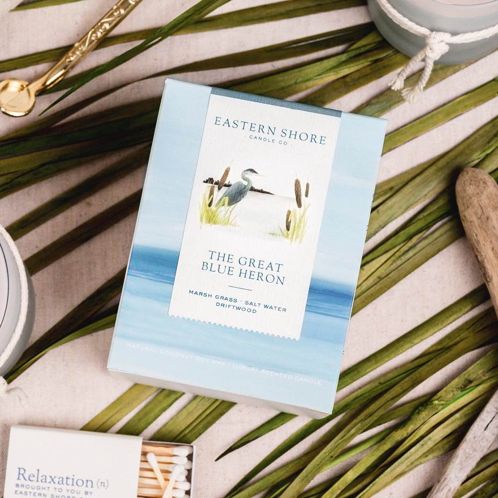 The Great Blue Heron, Marsh Grass, Salt Water, Driftwood, driftwood scent, salt air candle, blue heron, blue heron candle, Scented candle, coconut soy wax, coastal candle, eastern shore, Chesapeake Bay, luxury candle, hand-poured, Maryland, Virginia