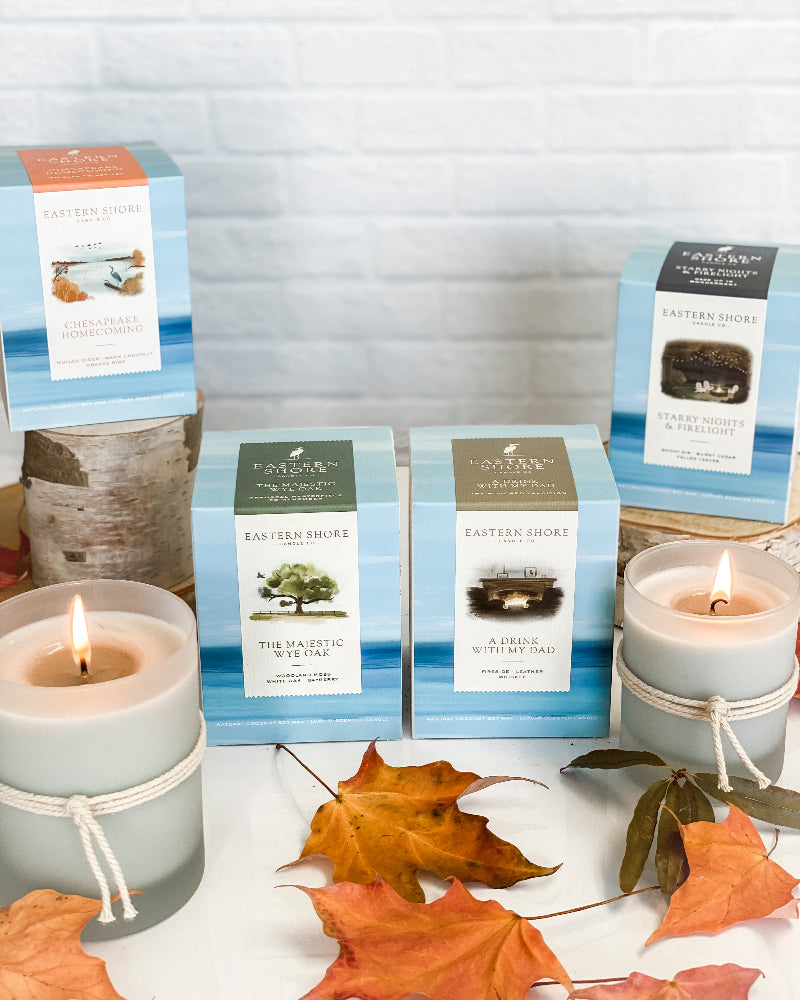 fall candles, autumn candles, eastern shore candles, campfire candle, whiskey candle, autumn leaves scent
