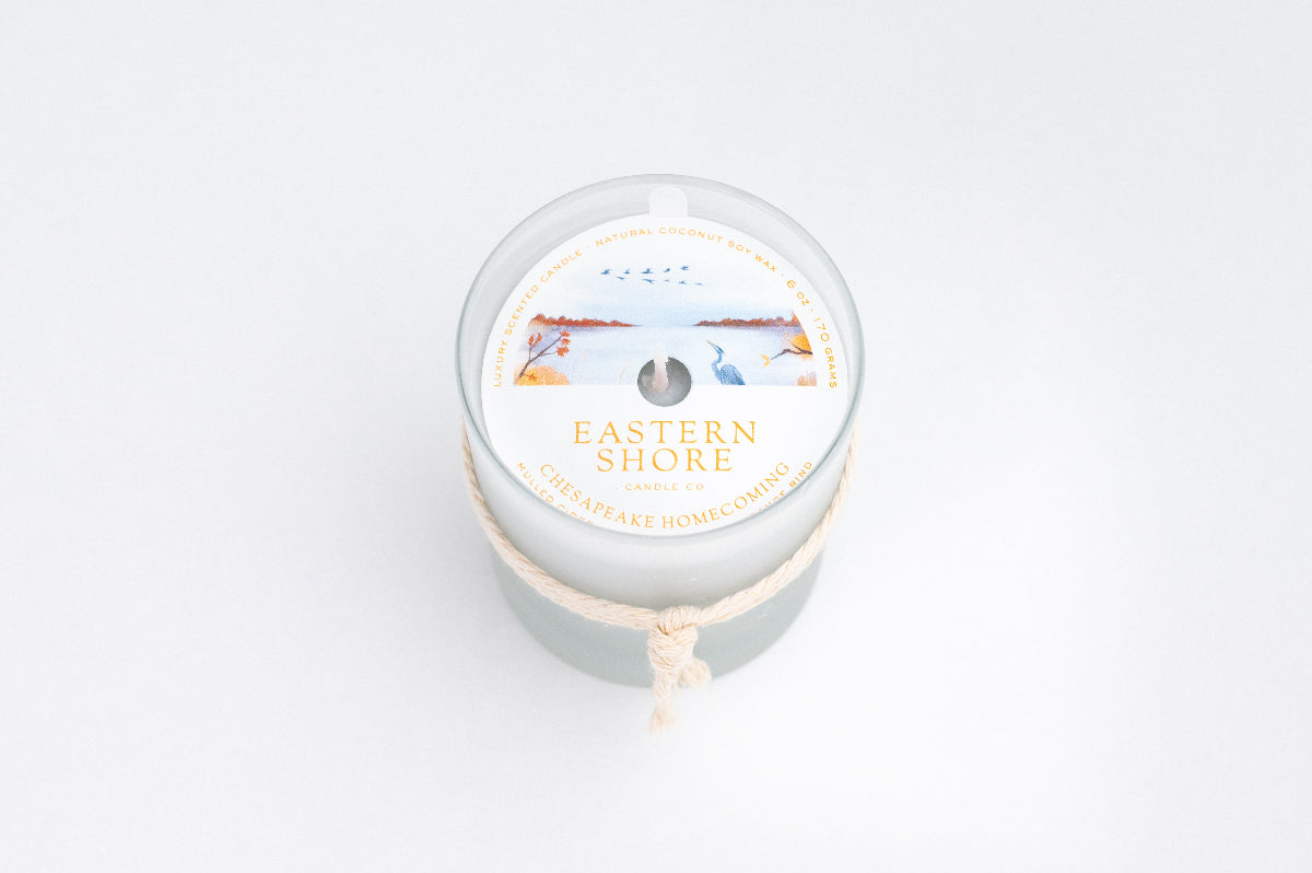 Chesapeake Homecoming, mulled cider, warm chestnuts, sweet orange, clove scent, fall candle, fall candle scent, mulled spices, autumn candle, Scented candle, coconut soy wax, coastal candle, eastern shore, Chesapeake Bay, luxury candle, hand-poured, Maryland, Virginia