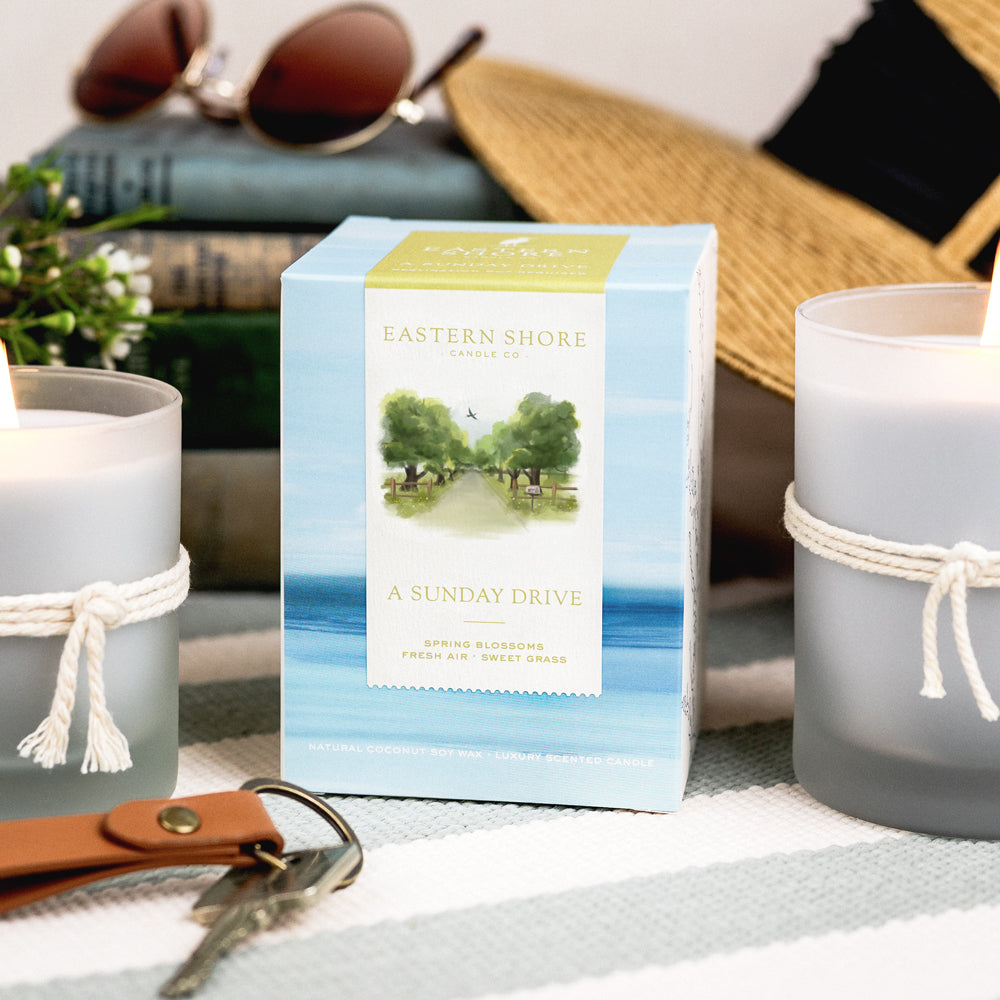 A Sunday Drive, Scented candle, coconut soy wax, coastal candle, eastern shore, Chesapeake Bay, luxury candle, hand-poured, Maryland, Virginia, candle gift, coastal gift, Spring candle scents, spring scents, floral candle, floral scents, Sunday Drive, spring blossoms, sweet grass, fresh air, spring air, honeysuckle scent