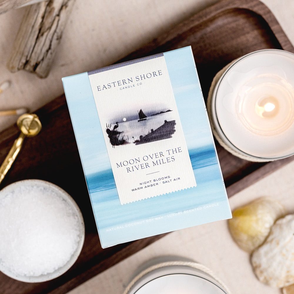 Moon over the River Miles, saint michaels, st. michaels, moon, moonlight, moonlit, amber scent, jasmine scent, night blooms scent, summer candle, sultry candle, Scented candle, coconut soy wax, coastal candle, eastern shore, Chesapeake Bay, luxury candle, hand-poured, Maryland, Virginia