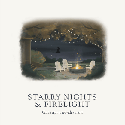 Starry Nights &amp; Firelight candle illustration, scented candles from the eastern shore, fireside scent, cedar, fallen leafs, smoky wood, autumn scents, luxury candle