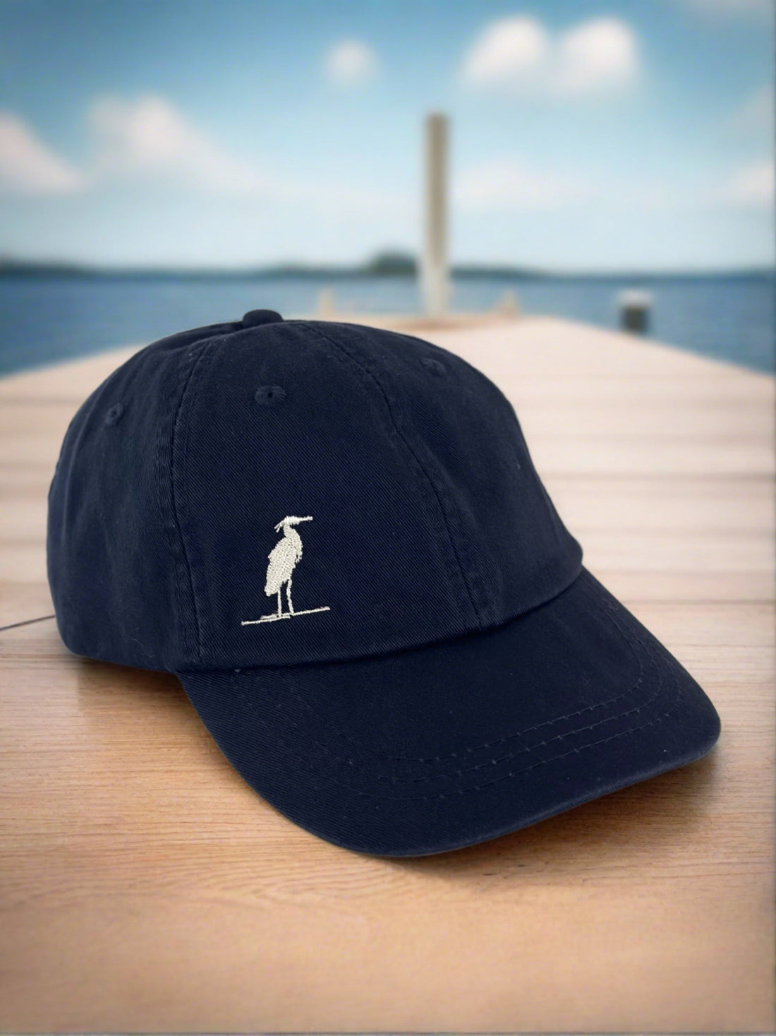 eastern shore brand, eastern shore hat, baseball cap, dad hat, navy blue hat, white hat, blue hat, embroidered hat, embroidered heron, heron hat
