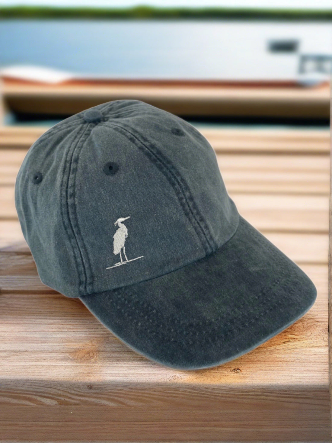 eastern shore brand, eastern shore hat, baseball cap, dad hat, navy blue hat, white hat, blue hat, embroidered hat, embroidered heron, heron hat