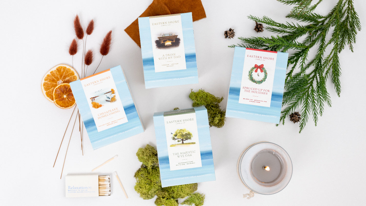 Eastern Shore candle co, winter candle scents, fall candles, autumn scents, wye oak, balsam fir scent, whiskey candle scent