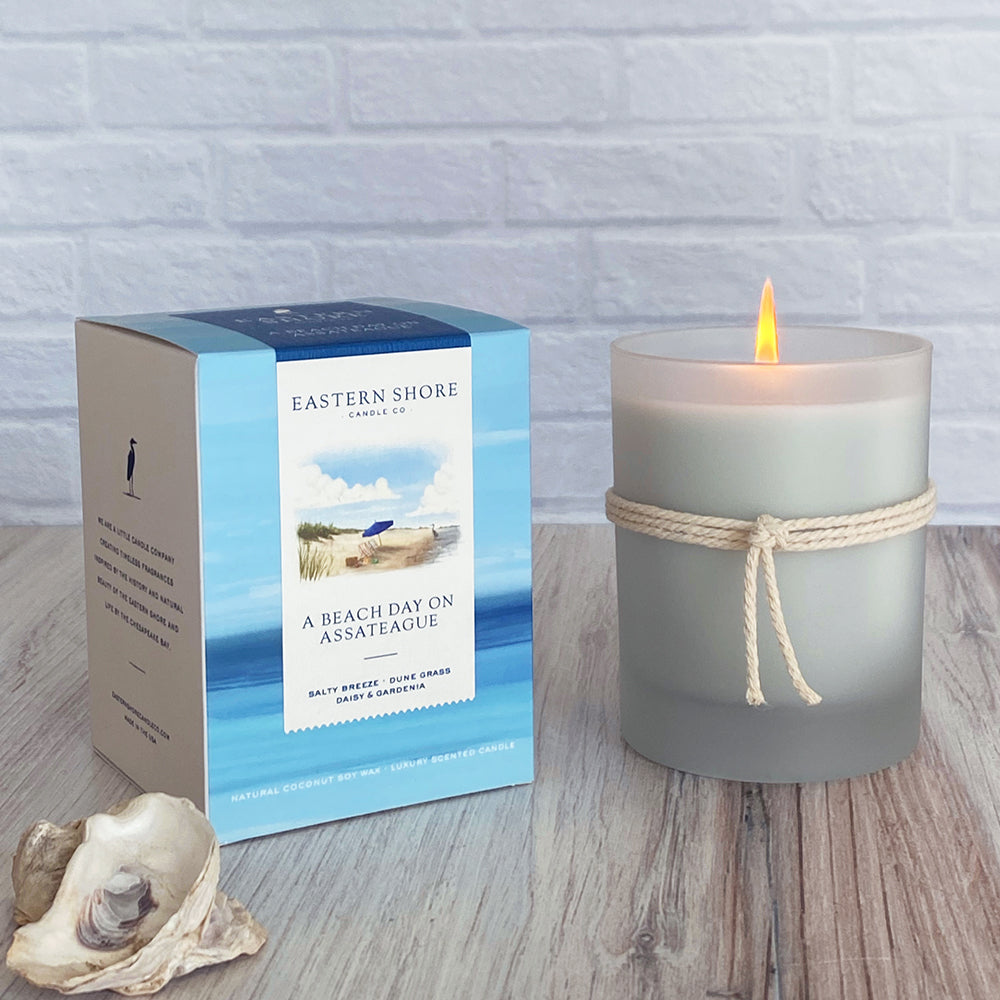 Beach Day on Assateague Island, gardenia, dune grass, sea breeze, salty air, Scented candle, coconut soy wax, coastal candle, candle gift, coastal gift, eastern shore, Chesapeake Bay, luxury candle, hand-poured, Maryland, Virginia, Beach day, beach candle, coastal candle, Assateague Island, Chincoteague Island, Barrier Islands
