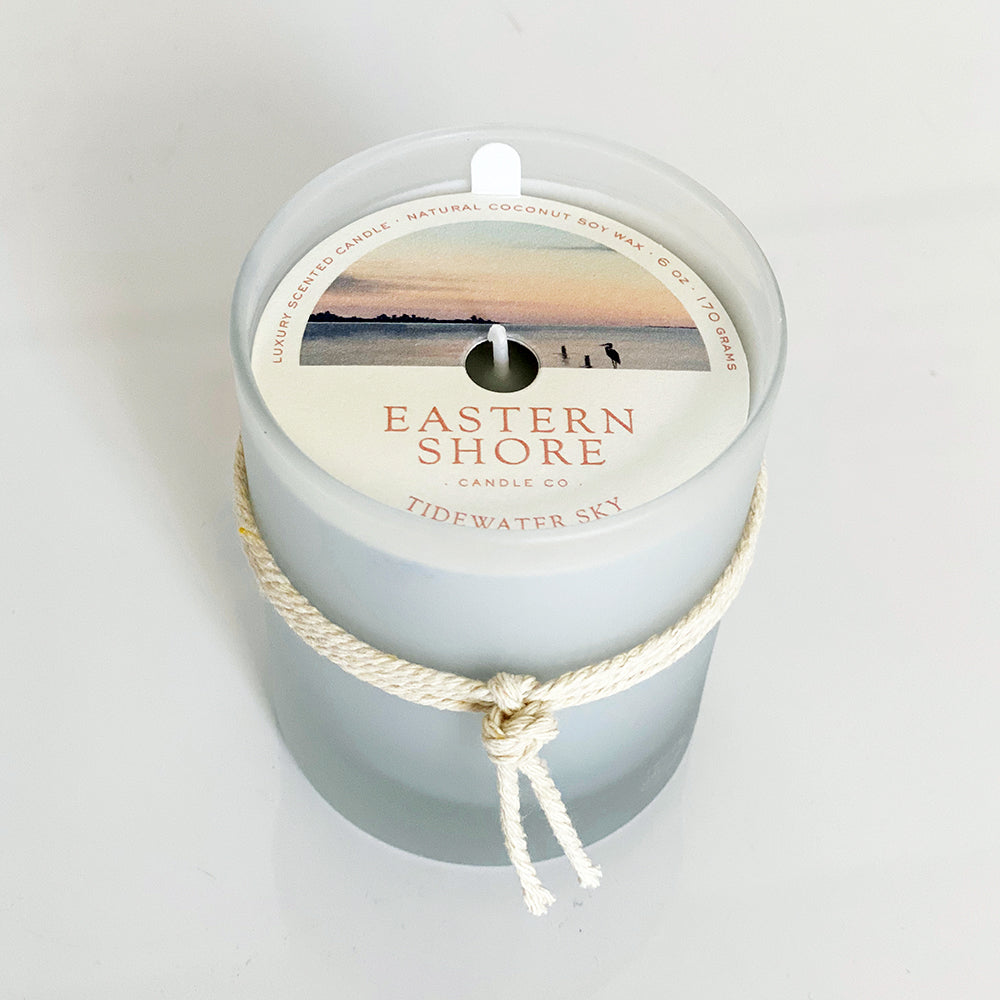 Tidewater Sky, Tidewater, dewy air, sea salt, cedar wood scent, on the dock, waterview, ozone scent, watery scent, Scented candle, coconut soy wax, coastal candle, eastern shore, Chesapeake Bay, luxury candle, hand-poured, Maryland, Virginia