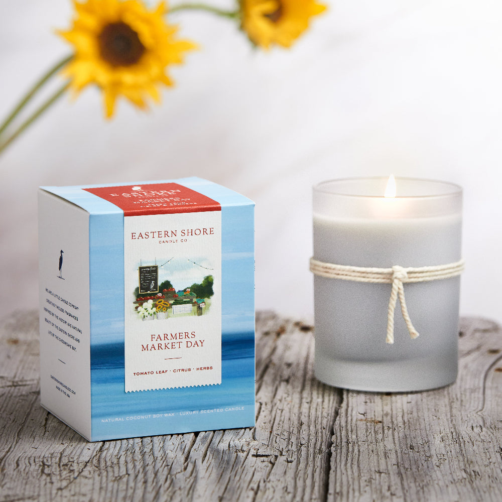 Scented candle, coconut soy wax, coastal candle, eastern shore, Chesapeake Bay, luxury candle, hand-poured, Maryland, Virginia, candle gift, coastal gift, Farmers Market Day, Farmer’s Market, Farmers Market, Farm, Tomato scent, Tomato leaf, tomato leaf scent, herbal candle, eastern shore farm, fresh herbs