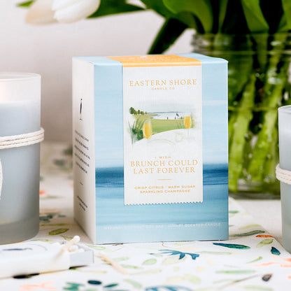 I Wish Brunch Could Last Forever, Brunch, champagne, citrus, orange, cheers, bridesmaid, wedding gift, bridesmaid gift, crisp citrus, sparkling champagne, brunch candle, Scented candle, coconut soy wax, coastal candle, eastern shore, Chesapeake Bay, luxury candle, hand-poured, Maryland, Virginia