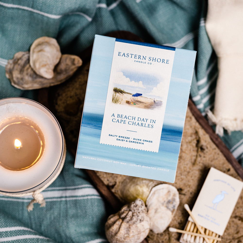 Beach Day in Cape Charles candle box, Eastern Shore Candle Co., gardenia, dune grass, sea breeze, Scented candle, coconut soy wax, coastal candle, candle gift, coastal gift, eastern shore, Chesapeake Bay, luxury candle, hand-poured in very small batches, Maryland, Virginia, Cape Charles Virginia, Beach day, beach candle, coastal candle, scented candle, eastern shore, Chesapeake Bay